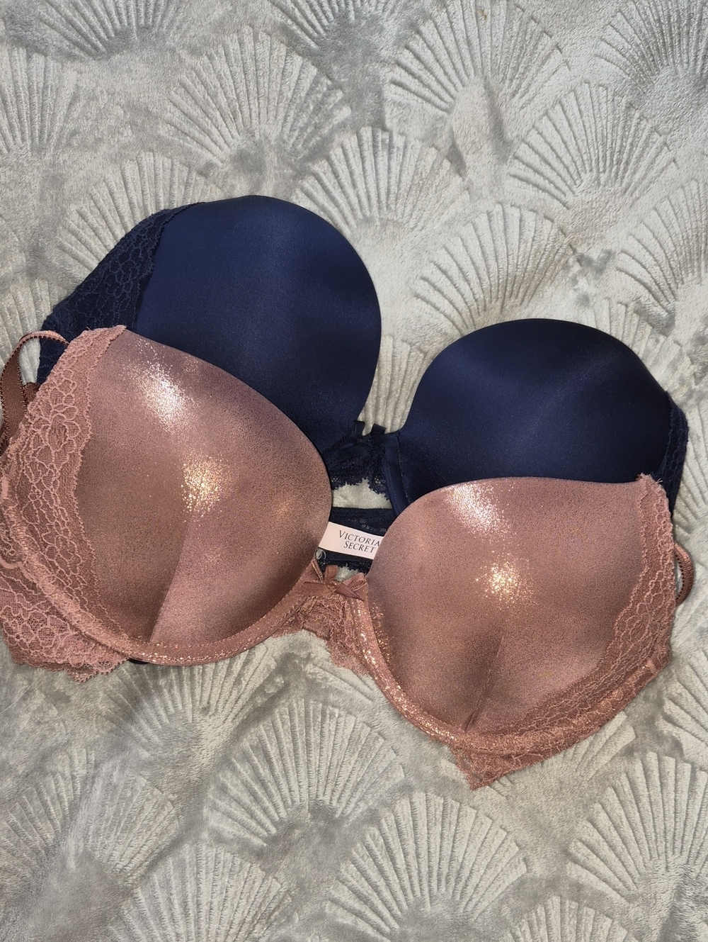 Victoria's Secret Shimmering Rose Gold & Navy Push-Up Bras
